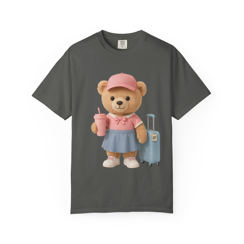 Teddy Traveler T‑Shirt — Cute Bear with Luggage & Cup Graphic