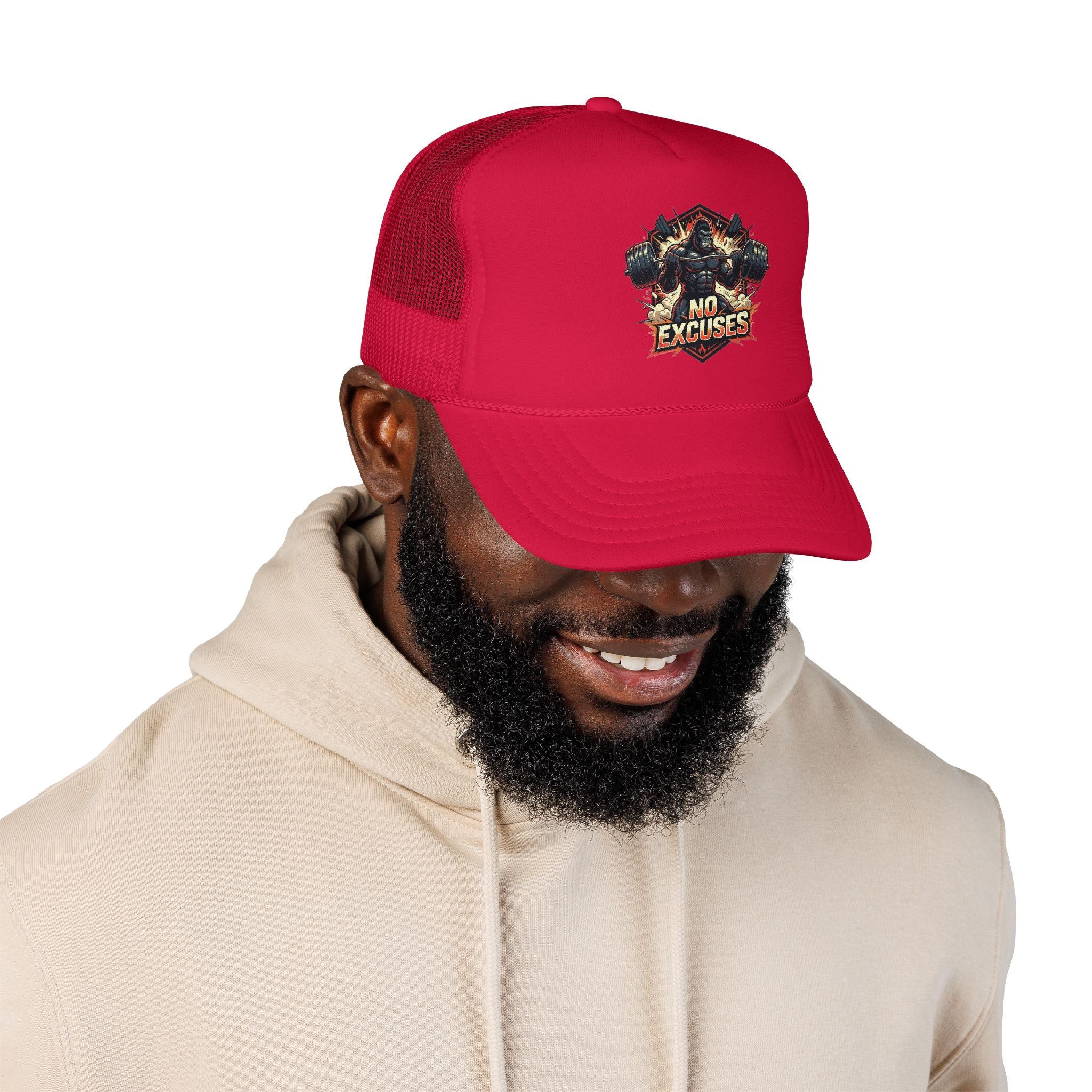 Trucker Hat — 'No Excuses' Gym Skull Design