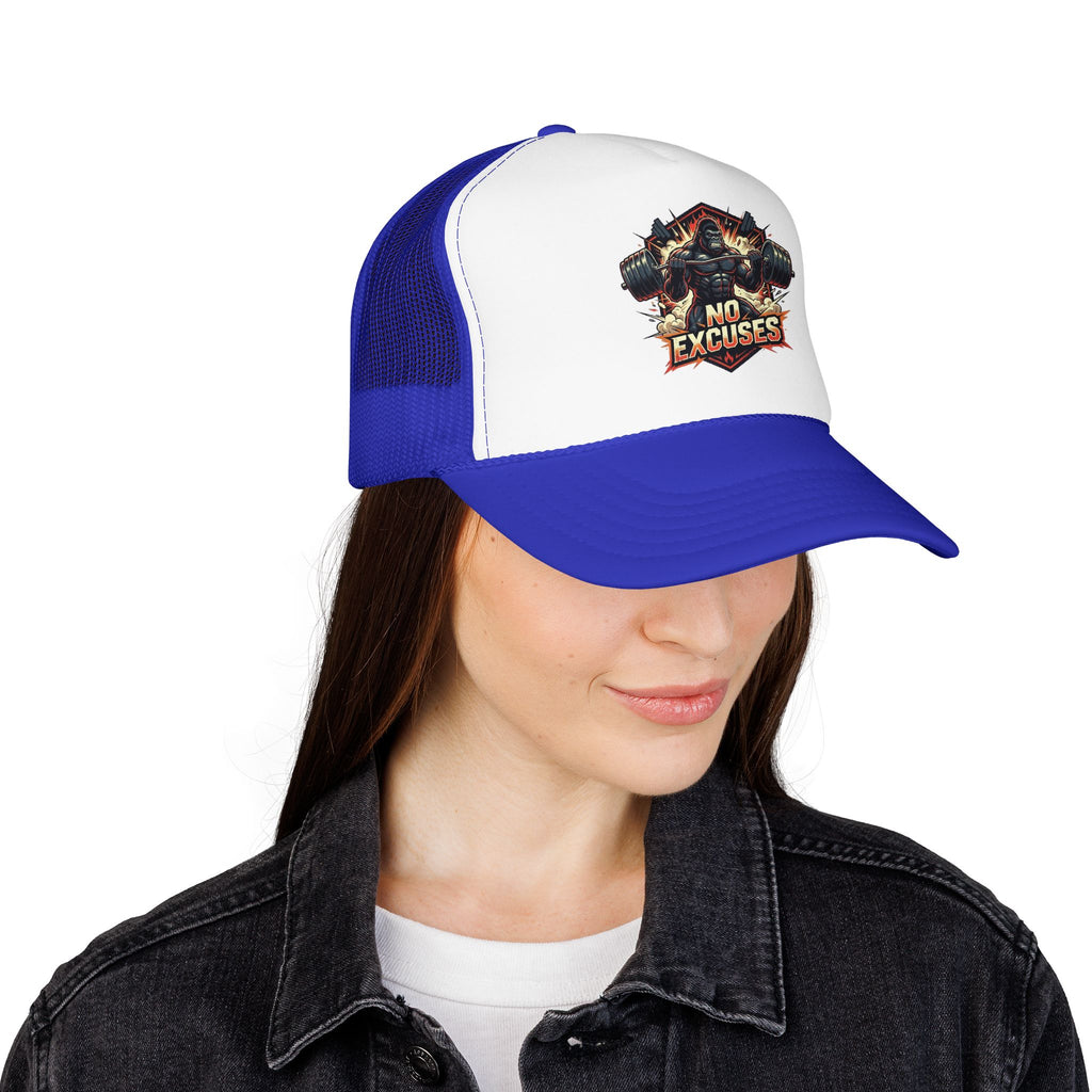 Trucker Hat — 'No Excuses' Gym Skull Design