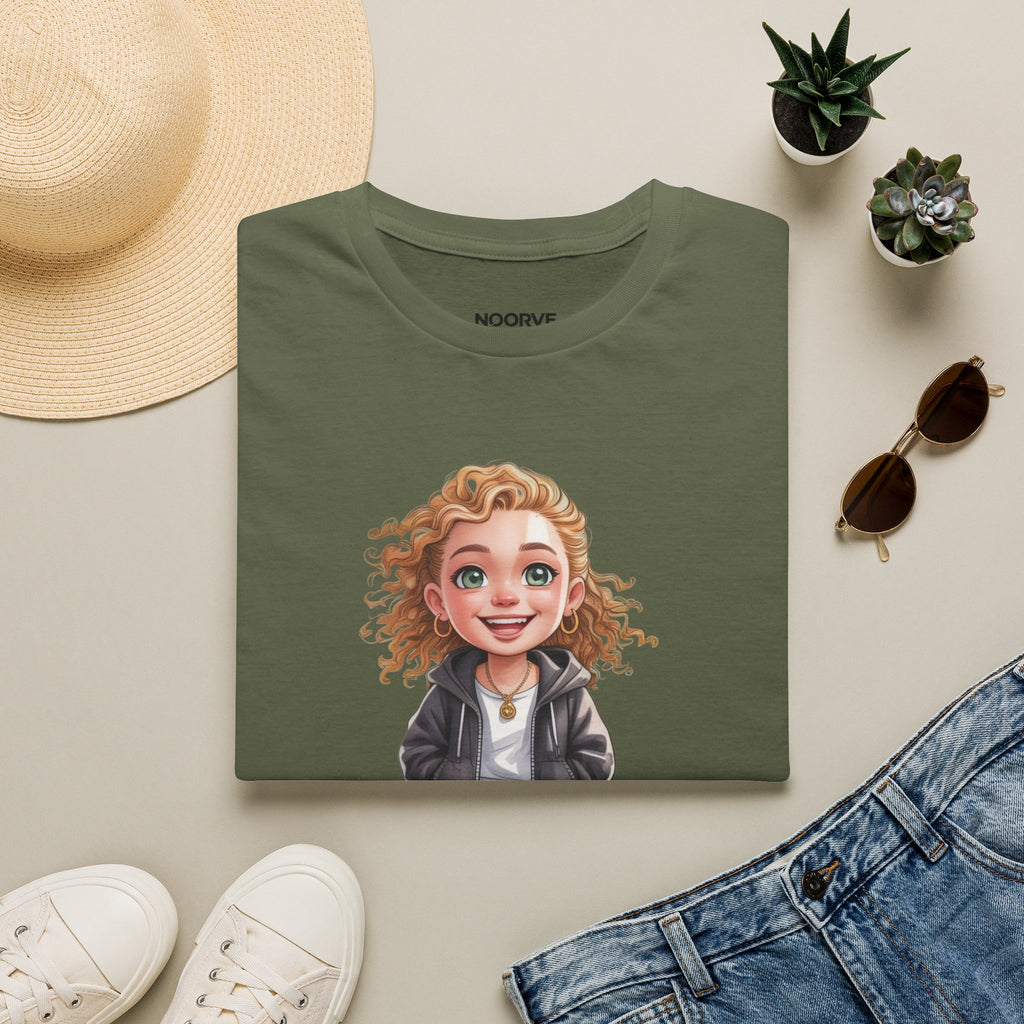 Cute Curly Girl Cartoon T-Shirt — Whimsical Character Tee