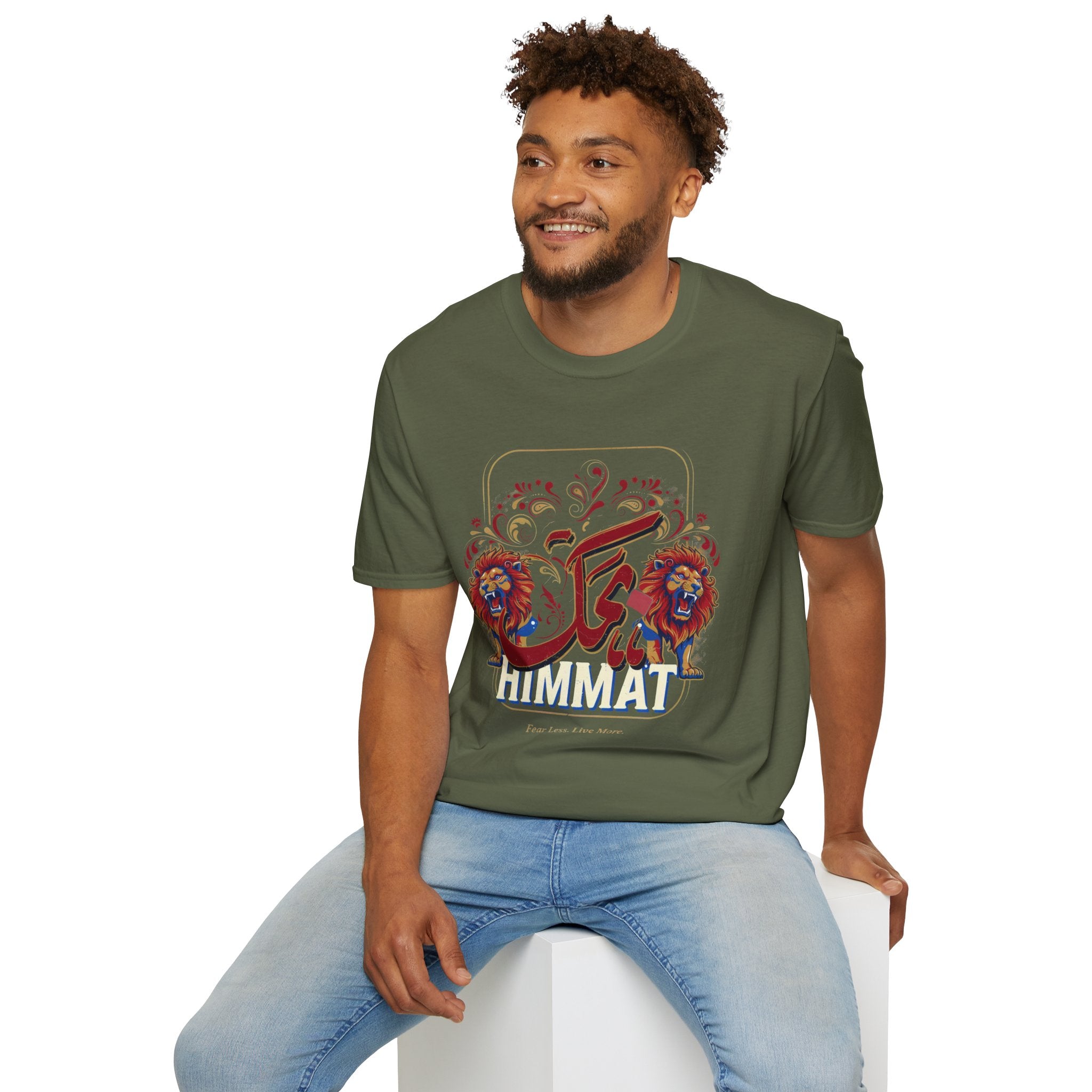 Arabic Calligraphy T-Shirt — 'Himmat' Lion Floral Graphic Tee
