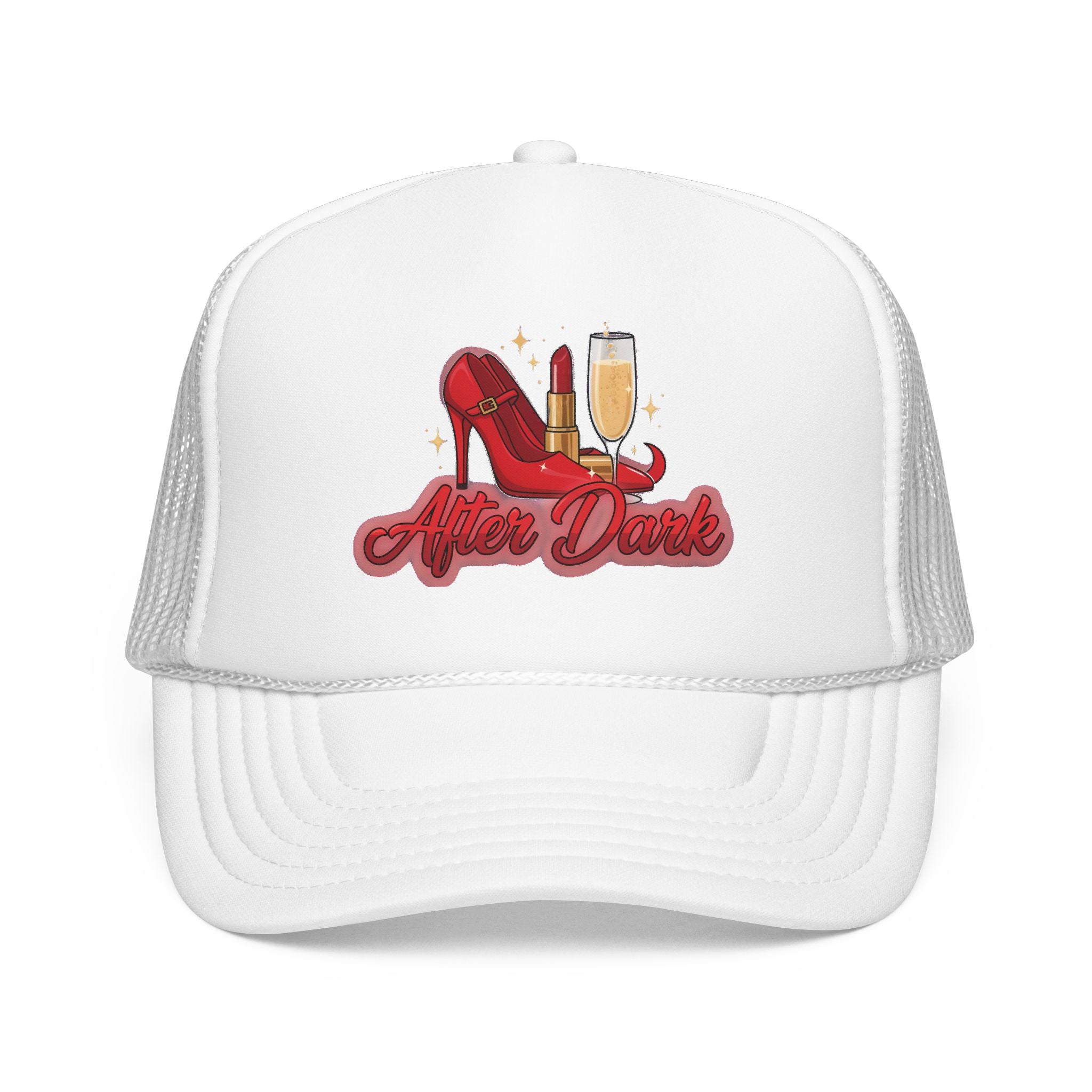 After Dark Trucker Hat — Red Heels & Champagne Foam Cap